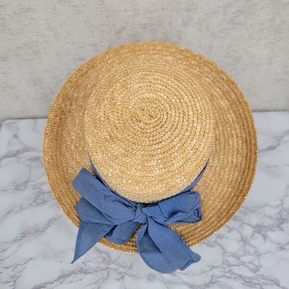 Vintage Straw Sun Hat with Blue Ribbon Bow Embroidered Flowers Cottagecore - Picture 5 of 8